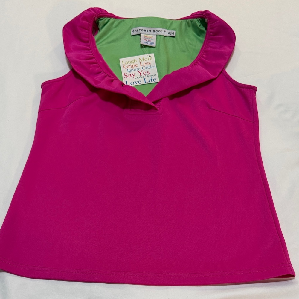 Gretchen Scott Bright Fuchsia Ruffle Neck Collar Sleeveless Jersey Top S NWT
